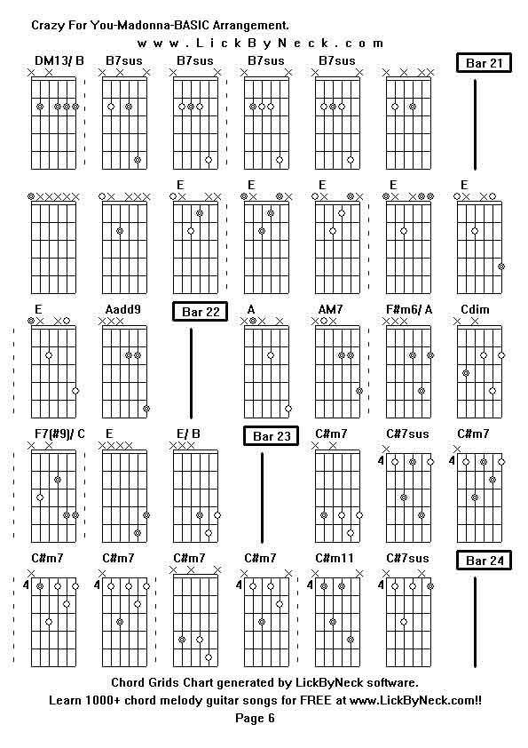 Chord Grids Chart of chord melody fingerstyle guitar song-Crazy For You-Madonna-BASIC Arrangement,generated by LickByNeck software.